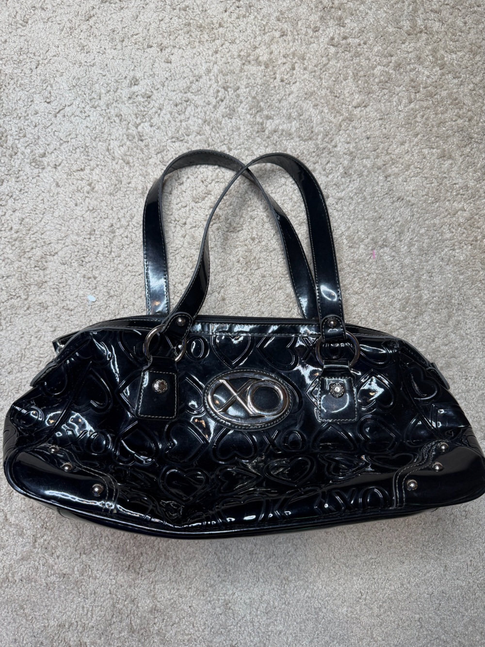 Y2K XOXO Patent Heart-Embossed Black Hand Bag